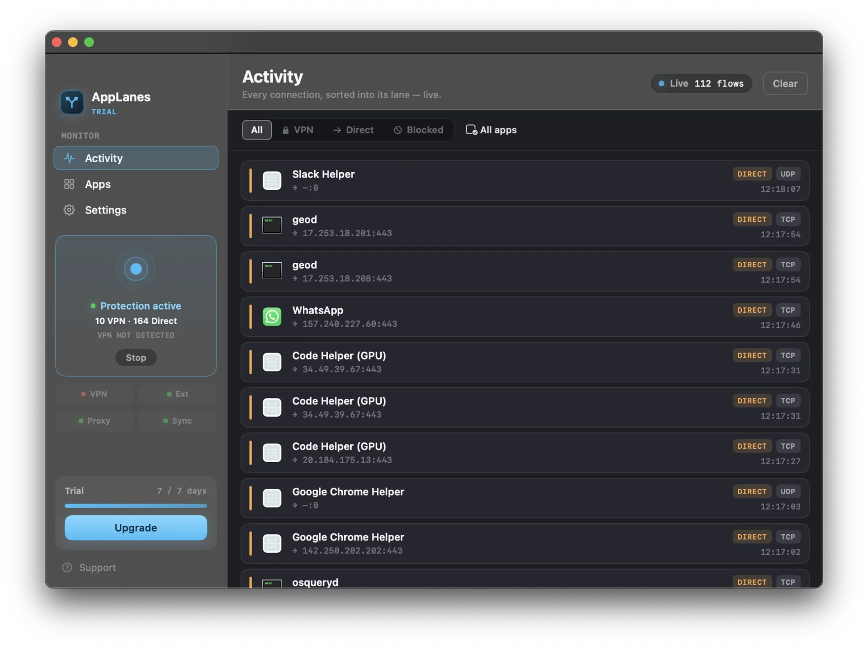 AppLanes live activity monitor showing each Mac connection sorted into its VPN, Direct, or Block lane