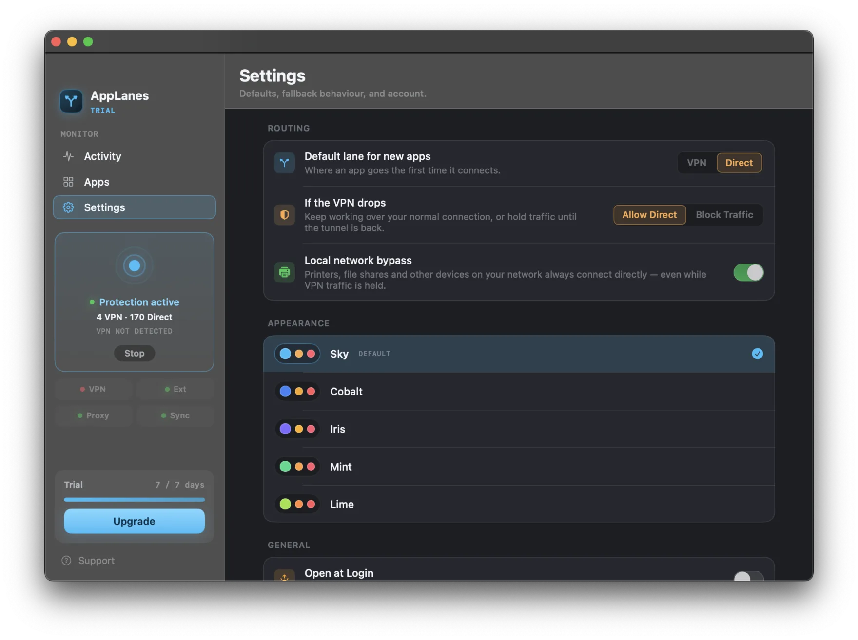 AppLanes settings on macOS: default route, VPN leak protection fallback, and LAN bypass